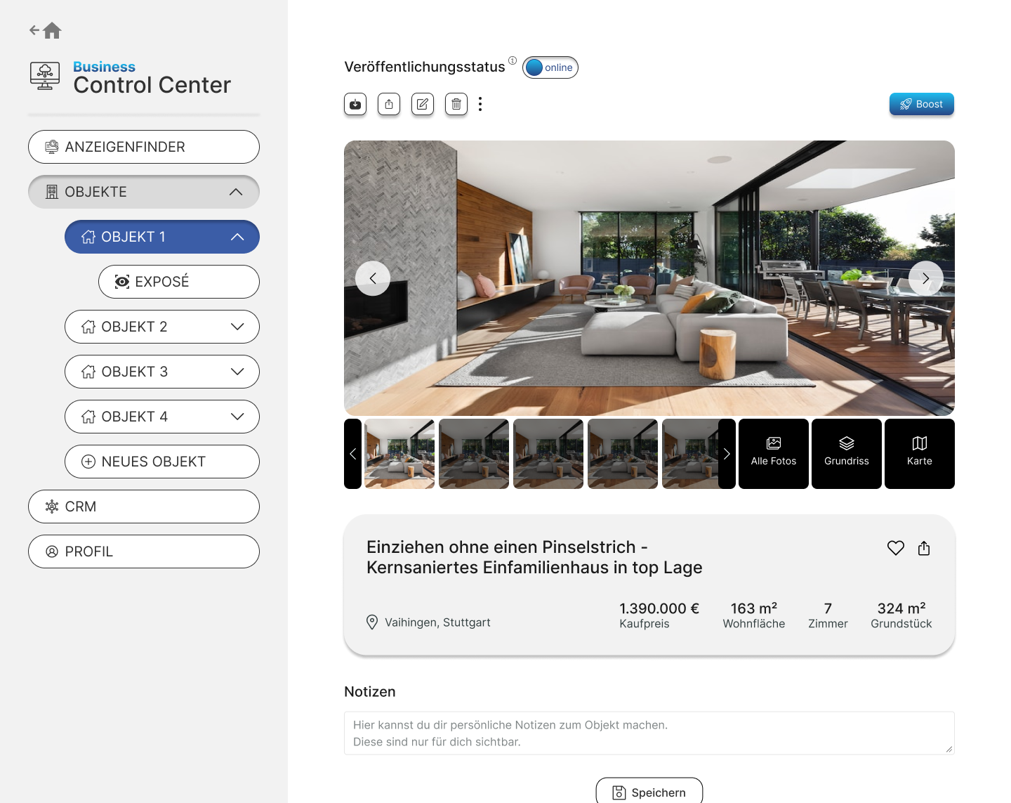 Screenshot of the control center for multi-object -management